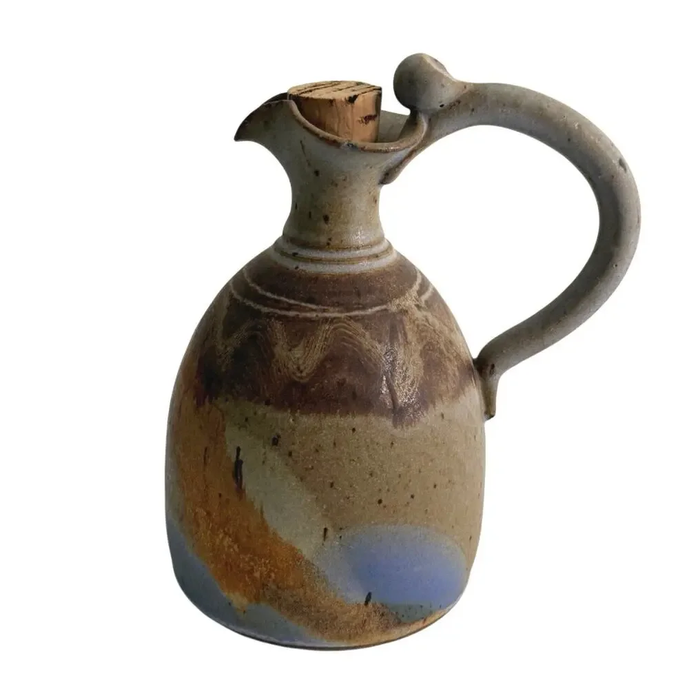 Handmade ceramic pottery signed artisan jug rustic brown tan tones blue glaze - Picture 3 of 12